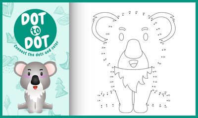 Connect the dots kids game and coloring page with a cute koala character illustration