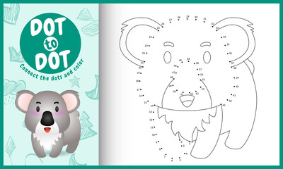 Connect the dots kids game and coloring page with a cute koala character illustration