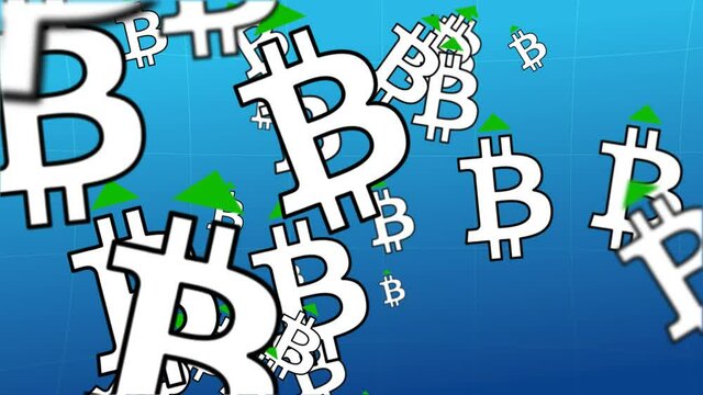 Looped animation. Soaring bitcoin rate. A cloud of bitcoin symbols spins across the camera's field of view. There is a green arrow above the symbol. Situation of the bitcoin exchange rate increase.