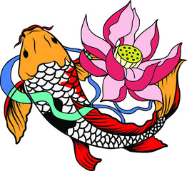 Japanese koi carp coloring book and traditional tattoo.Japanese tattoo design full back body.The Old Dragon and koi carp fish with water splash and peony flower,cherry blossom,peach blossom