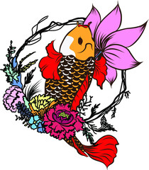 Japanese koi carp coloring book and traditional tattoo.Japanese tattoo design full back body.The Old Dragon and koi carp fish with water splash and peony flower,cherry blossom,peach blossom