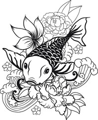 Japanese koi carp coloring book and traditional tattoo.Japanese tattoo design full back body.The Old Dragon and koi carp fish with water splash and peony flower,cherry blossom,peach blossom