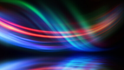 Obraz premium Dark abstract background. Neon multicolored light reflects on the water. Beach party, light show. Blurry lights glisten on the surface. 3d illustration