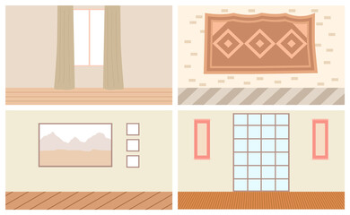 Set of illustrations on the theme of wall elements of the interior. Interior design of an apartment. Window closed with beige curtains. Geometric shapes on textile carpet. Picture hangs on the wall