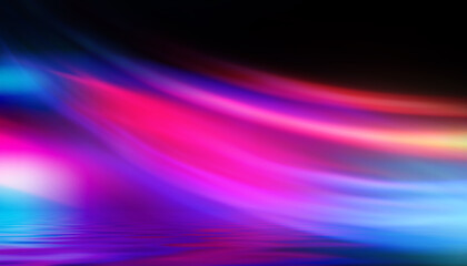 Dark abstract background. Neon multicolored light reflects on the water. Beach party, light show. Blurry lights glisten on the surface. 3d illustration