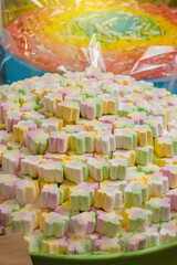 Various gummies and jellies, pizza, lips and marshmallows