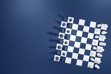 High angle view of chess board on blue background. 3D illustration