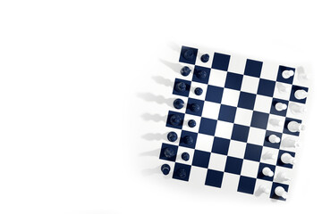 High angle view of chess board on white background. 3D illustration
