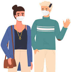 Obraz premium Man and woman are wearing medical masks. People stand together and pose, vector illustration. Couple on self-isolation during quarantine due to covid-19. Characters protect their face with masks