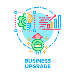 Business Upgrade Vector Icon Concept. Analyzing Business Strategy And Researching Infographic, Exchange Idea And Upgrading. Company Innovation And Update Software Color Illustration
