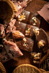 Pieces of pink and dark chocolate on rustic wooden background