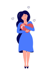 Girl Holding Heart Vector Illustration, cute cartoon woman hugging heart isolated on white background