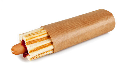 A hot dog isolated on a white background. View from another angle in the portfolio.
