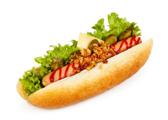 A hot dog isolated on a white background. View from another angle in the portfolio.