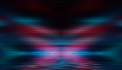 Dark abstract background. Neon multicolored light reflects on the water. Beach party, light show. Blurry lights glisten on the surface. 3d illustration