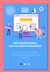 Coworkers discuss startup of business on schemes. SEO optimization and increase conversion of webpage concept. Website landing page template. People work with developing the site and completing tasks