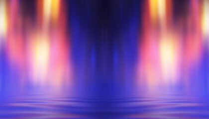 Dark abstract background. Neon multicolored light reflects on the water. Beach party, light show. Blurry lights glisten on the surface. 3d illustration