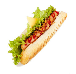 A hot dog isolated on a white background. View from another angle in the portfolio.