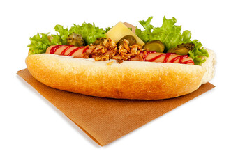 A hot dog isolated on a white background. View from another angle in the portfolio.
