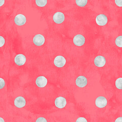 Polka dot watercolor seamless pattern. Abstract watercolour gray color circles on pink background