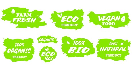 Vector set of eco, bio, natural organic, fresh, 100 percent ecologically pure, healthy, vegan, food. Sticker, emblem, label for product packaging. Collection of bright greens, illustrations.
