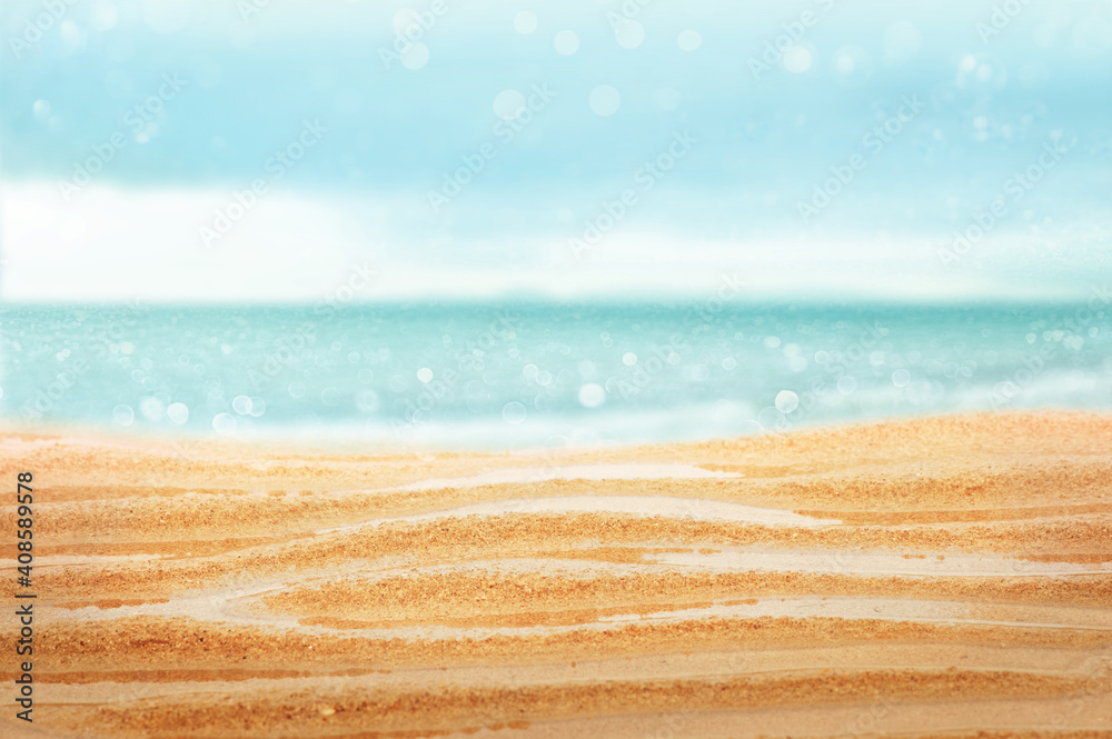 Poster tropical fine sandy beach after raining with blurred sea background and empty space for product adve