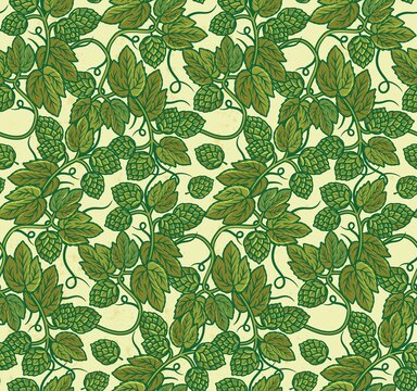Seamless pattern with green hops. Vector Illustration.