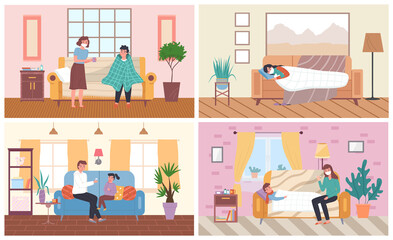 Set of illustrations on the theme of relatives treat patients. People with flu at home isolation. Cartoon characters are having a cold and lying on the sofa. Sick take pills and medicines to heal