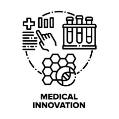 Medical Innovation Technology Vector Icon Concept. Medical Science Researching Dna Molecule And Laboratory Medicine Test, Biomedical Report With Infographic And Review Black Illustration