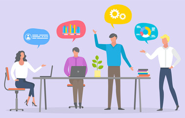 Investors discuss sales and analyze trades, people working at laptop, bubbles with diagrams and charts. Vector graph and diagram icons, employees on workplace