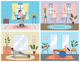 Sport at home scenes set. Young people and elderly couple training during quarantine. Persons go in for sports in apartment. Stay home concept. Man and woman doing exercise, train on the simulator