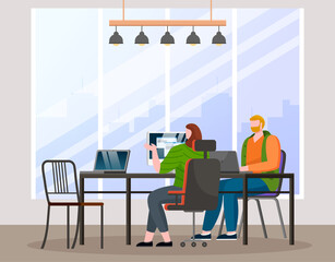 Colleagues talking in the office. Employees sitting at computers and working with business data. Man and woman discussing at the meeting. Staff at work against the background of a panoramic window