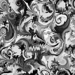 Monochrome seamless pattern with grunge swirl and stain elements in black, white ,grey colors