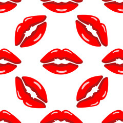 St.Valentines Day seamless pattern with red juicy lipstick kiss on white background. Love vector for cards, banners, wrapping paper, posters, scrapbooking, pillow, cups and fabric design. 
