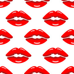Fototapeta na wymiar St.Valentines Day seamless pattern with red juicy lipstick kiss on white background. Love vector for cards, banners, wrapping paper, posters, scrapbooking, pillow, cups and fabric design. 