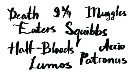 set of magic words from the school of wizards and a book. black text on white background.