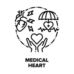 Medical Heart Vector Icon Concept. Heart Attack Disease And Treatment, Medicaments And Exercises For Healthcare Organ, Cardiology Examination And Health Support. Hospital Treat Black Illustration