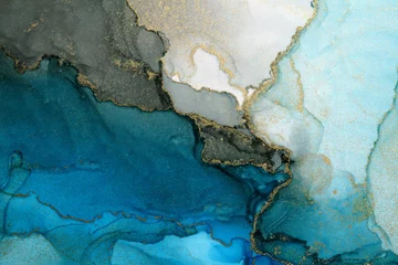 Poster Art Abstract painting blots horizontal background. Alcohol ink blue and gold colors. Marble texture. © Liliia