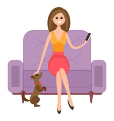 Woman is sitting on the couch and petting the dog. Beautiful girl with a phone in her hands. Female character is resting and spending time at home with her pet. The puppy stands on its hind legs