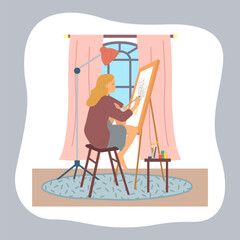 Woman drawing picture of vase with bouquet of flowers at easel using paint and brush. Home activity or leisure time. Lamp, window with curtains, table with equipment of artist brushes, colors, paints