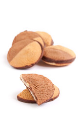 Crumbly cookies with chocolate on the white background