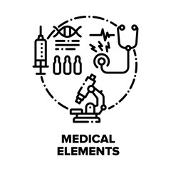 Medical Elements Vector Icon Concept. Laboratory Microscope, Medical Stethoscope And Syringe With Medicaments Medical Equipment For Examination, Testing And Health Care Black Illustration