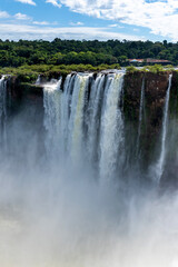 Fototapeta premium Wonderful vivid landscape of Iguazu Falls with water streams falling down among verdant vegetation in sunny day