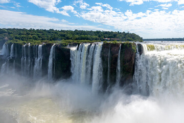 Wonderful vivid landscape of Iguazu Falls with water streams falling down among verdant vegetation in sunny day