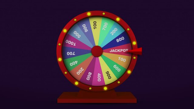 Realistic Colorful fortune or casino wheel spinning to stop jackpot position with bulbs blinking the light, 3d animation and movement, isolated dark purple background.