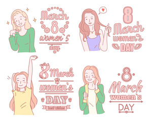 8 march happy women s day poster, girlish concept, pretty happy smiling girl, drawing nice lady greeting, winks, flirting, congratulation with holiday, international women s day, greeting card