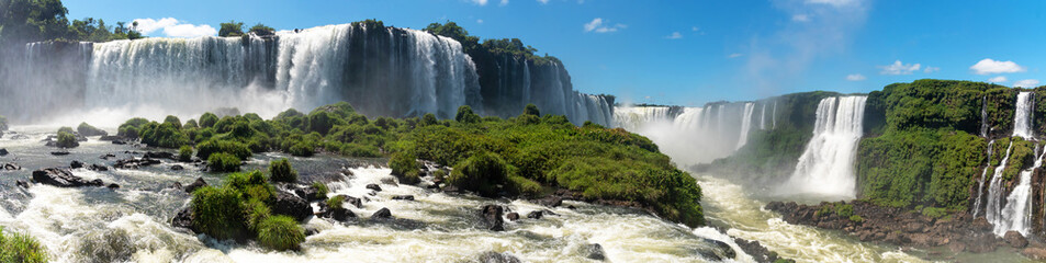 Picturesque panoramic landscape of majestic powerful Iguazu Falls