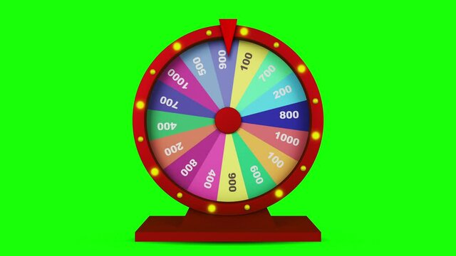 Realistic Colorful fortune or casino wheel spinning with bulbs blinking the light, 3d animation looping, isolated on black green and white screen set background.