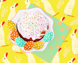 Easter banner with cute cartoon rabbits, Easter cake, Easter Eggs, plate on a yellow background