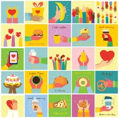 Fototapeta premium Hand-drawn illustrations of cakes, and baked desserts, coffee and other